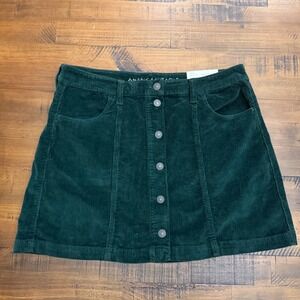 American Eagle Super Hi-Rise Corduroy Skirt Button Front A-Line Green Womens 14